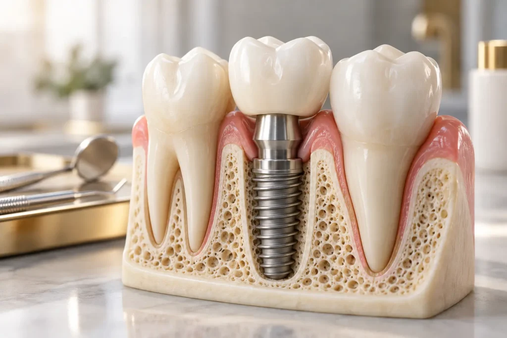 High-resolution clinical model showing an implant supporting a replacement tooth