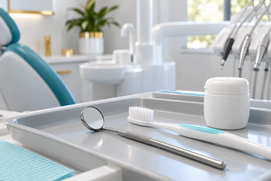 Dental mirror and toothbrush on a clean tray