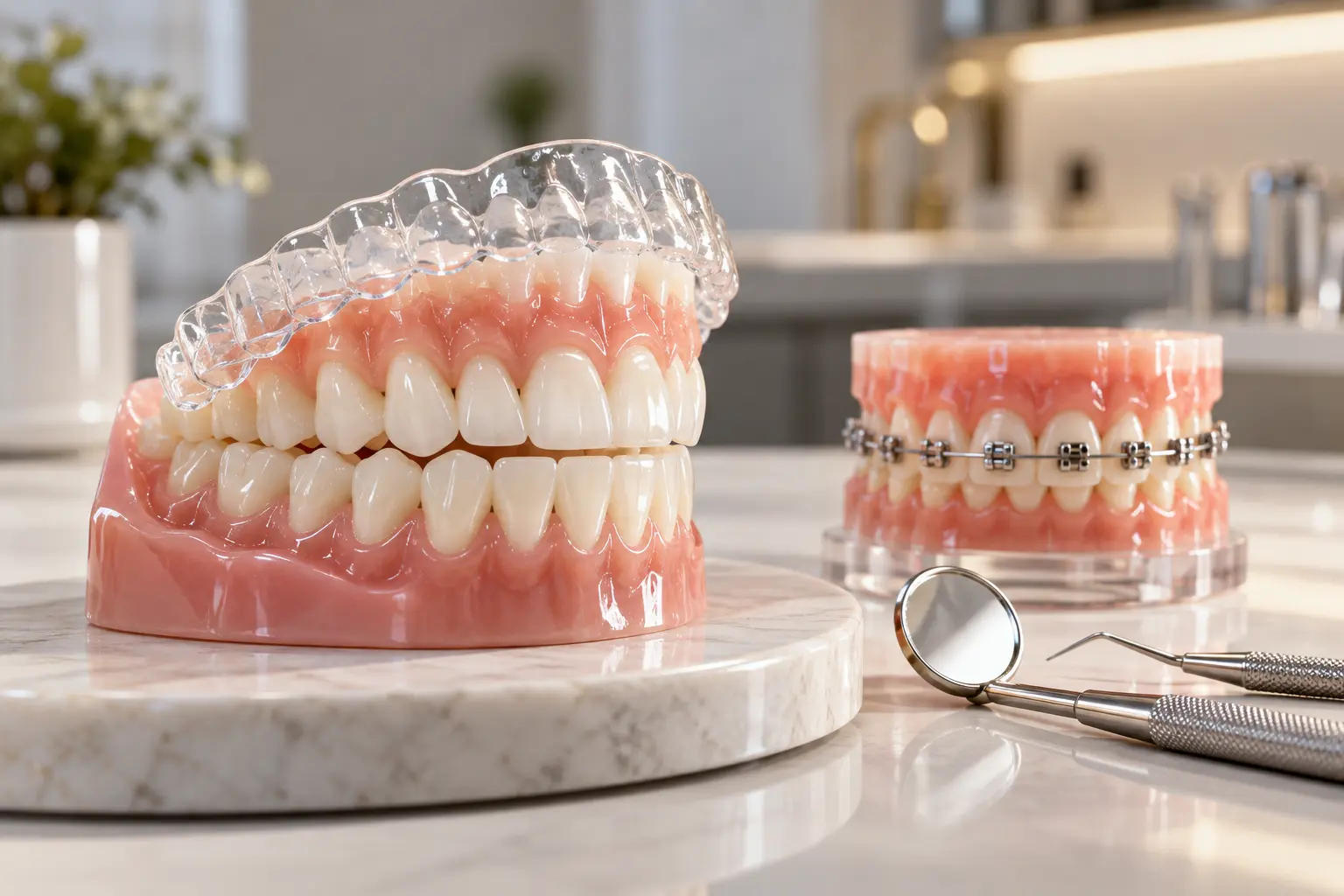 Clear aligner and braces models representing modern orthodontic care