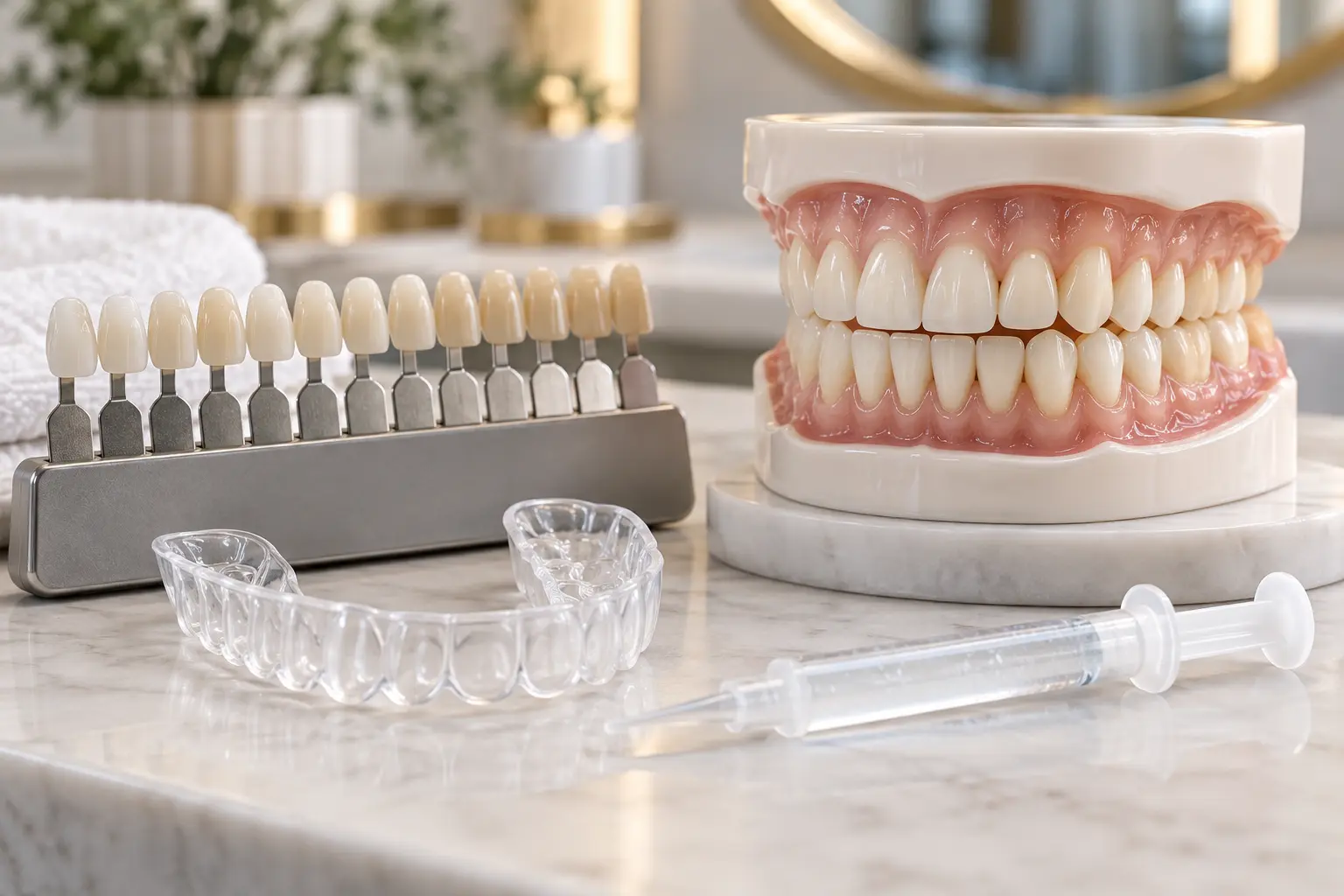 Professional whitening materials with a dental shade guide and natural-tooth model