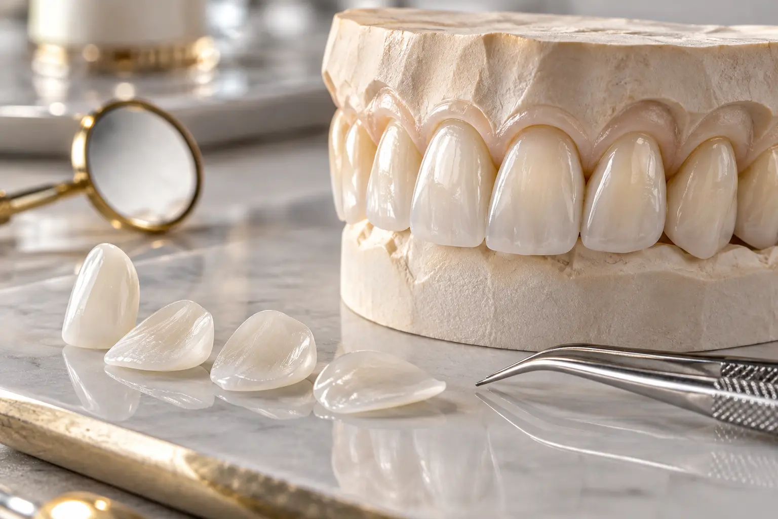 Lifelike ceramic veneers beside a natural anterior dental model